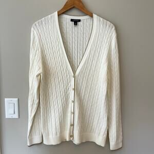 Lands' End Ivory Gold Trim Cable Knit Cardigan XL/18 Soft Lightweight Holiday